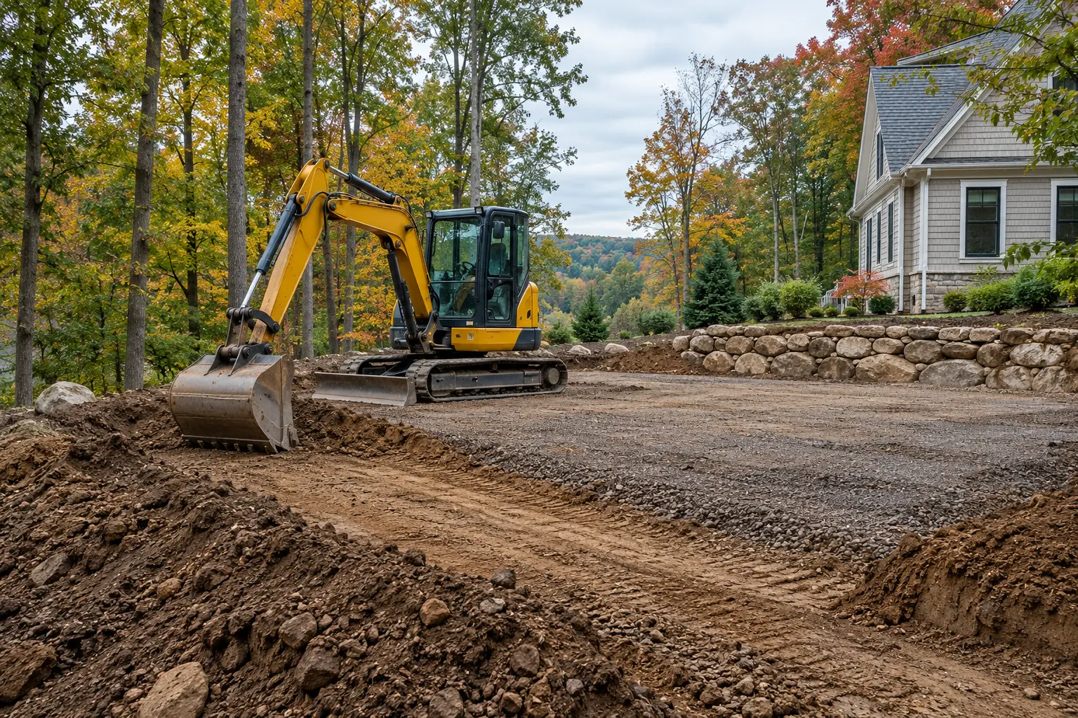 Excavator preparing a residential site on a wooded Connecticut property