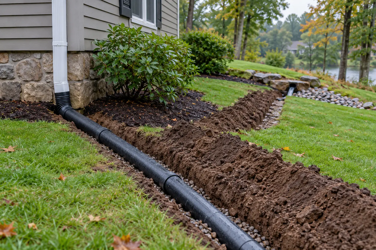 Buried solid downspout drainage pipe leading away from a Connecticut home