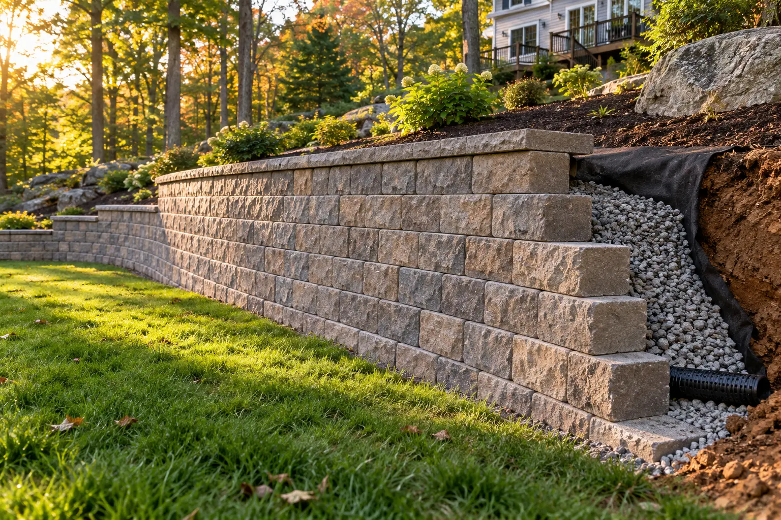 Segmental retaining wall with drainage stone and pipe on a Connecticut hillside